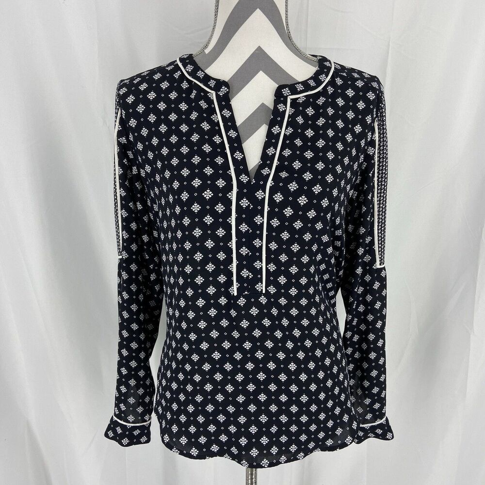 LOFT Blouse Womens Small  Geometric Top Long Sleeve Black & White